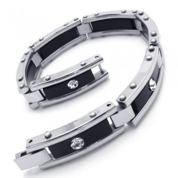 Men Black Silver Pure Titanium Bracelet Rubber Bangle 08104 