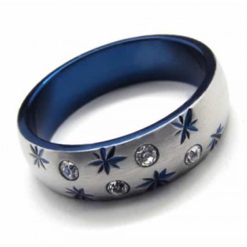 Diamond set 6mm Blue Titanium & Silver Inlaid Court Band Ring