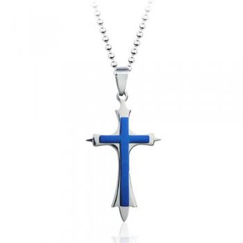 Stylish Mens Blue Titanium Cross Pendant - Free Chain