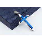 Stylish Mens Blue Titanium Cross Pendant - Free Chain