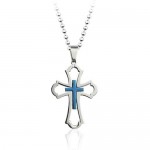 Pretty Mens Hollow Blue Titanium Cross Pendant - Free Chain