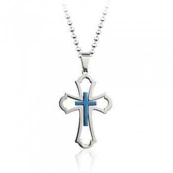 Pretty Mens Hollow Blue Titanium Cross Pendant - Free Chain
