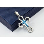 Pretty Mens Hollow Blue Titanium Cross Pendant - Free Chain