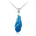 Popular Mens Blue Feather-Shaped Titanium Pendant - Free Chain