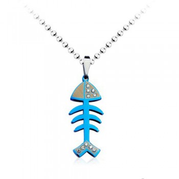 Cute Blue Fish Bone Titanium Pendant - Free Chain