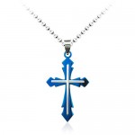 Fashion Mens Blue Titanium Cross Pendant - Free Chain