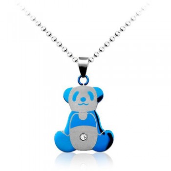 Cute Mens Blue Panda Titanium Pendant - Free Chain