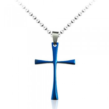 Mens Blue Simple Titanium Cross Pendant - Free Chain