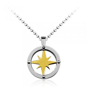 Golden Star Circle Mens Titanium Pendant - Free Chain