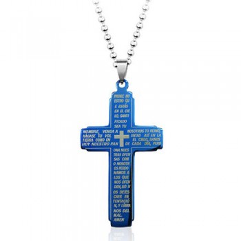 Blue Bible Titanium Cross Pendant - Free Chain