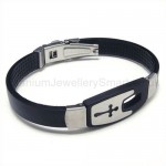 Unisex Silver and Black Titanium and Rubber Cross Bracelet 05974