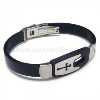 Unisex Silver and Black Titanium and Rubber Cross Bracelet 05974