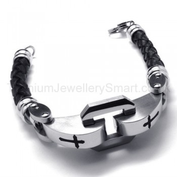 Stylish Mens Titanium and Leather With Cross Bracelet 18716