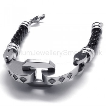 Stylish Mens Titanium and Leather With Diamond Bracelet 18717