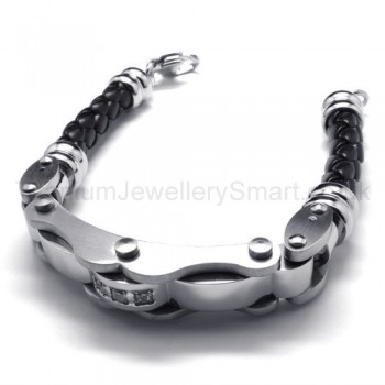 Titanium and Leather With Diamond Bracelet 18718