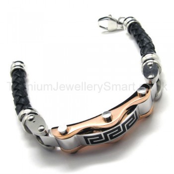 Mens Two-tone Titanium Leather Bracelet 18720