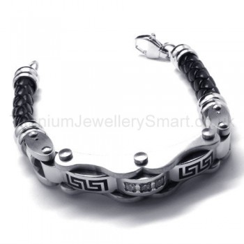 Mens Titanium Leather Inlay Diamond Bracelet 18721