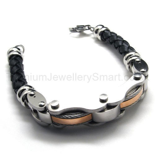 Titanium Bracelets on Titanium Bracelets   Mens Fashion Gold Titanium Leather Cable Bracelet