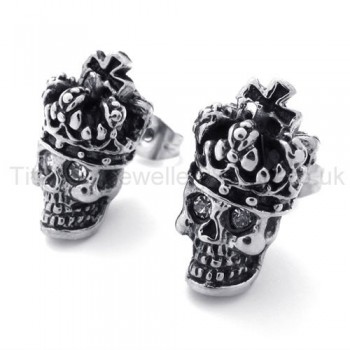 White-eyes Crown Skull Titanium Earrings 20352