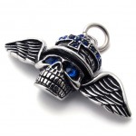 Wings Skull Blue Rhinestone Titanium Pendant 20640