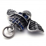 Wings Skull Blue Rhinestone Titanium Pendant 20640