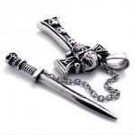 Skull With Red Rhinestone Dagger Titanium Cross Pendant 20542