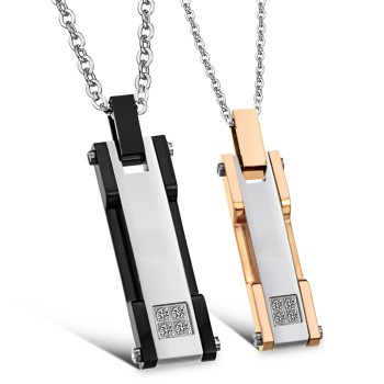 Titanium Rose Gold and Black Rectangle Lovers Pendants with Rhinestone and Free Chains C362 
