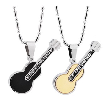 Titanium Rose Gold and Black Guitar Lovers Pendants with Rhinestones and Free Chains 188