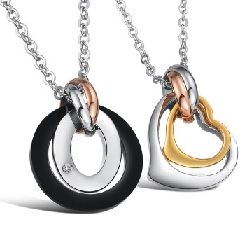 Titanium Rings and Sweetheart Lovers Pendants with Rhinestone and Free Chains C606