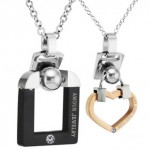 Titanium Black and Rose Gold Lovers Pendants with Rhinestones and Free Chains C507