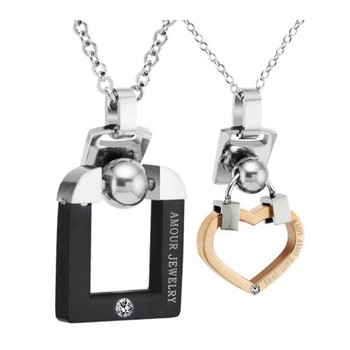 Titanium Black and Rose Gold Lovers Pendants with Rhinestones and Free Chains C507
