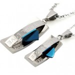 Titanium Blue and Silver Boat Lovers Pendants with Free Chains C477
