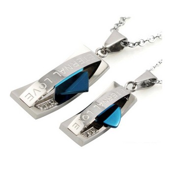 Titanium Blue and Silver Boat Lovers Pendants with Free Chains C477
