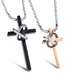 Titanium Black and Rose Gold Cross Lovers Pendants with Rhinestones and Free Chains C724