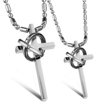 Titanium Silver Cross Lovers Pendants with Rhinestones and Free Chains GX724