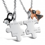 Titanium Silver "Love is Always here now and Forever" Lovers Pendants with Rhinestones and Free Chains C608