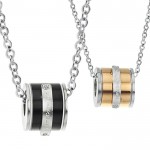 Titanium Rose Gold and Black Cylinder Lovers Pendants with Rhinestones and Free Chains 207