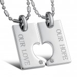 Titanium Silver "Our Hope & Our Love" Sweetheart Lovers Pendants with Rhinestones and Free Chains C602