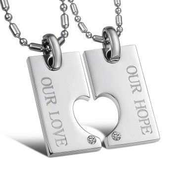 Titanium Silver "Our Hope & Our Love" Sweetheart Lovers Pendants with Rhinestones and Free Chains C602