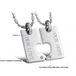 Titanium Silver "Our Hope & Our Love" Sweetheart Lovers Pendants with Rhinestones and Free Chains C602