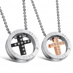 Titanium Rose Gold and Black Cross Lovers Pendants with Rhinestones and Free Chains C681