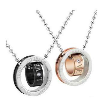 Titanium Rose Gold and Black rings Lovers Pendants with Rhinestones and Free Chains C505