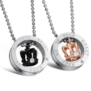 Titanium Rose Gold and Black Royal Crowns "Keep Me In Your Heart" Lovers Pendants with Rhinestones and Free Chains C603