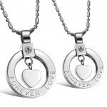 Titanium Silver Sweetheart "Forever Love" Lovers Pendants with Rhinestones and Free Chains C415