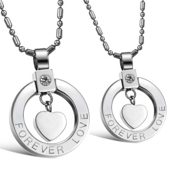 Titanium Silver Sweetheart "Forever Love" Lovers Pendants with Rhinestones and Free Chains C415