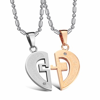 Titanium Rose Gold and Silver Sweetheart Lovers Pendants with Rhinestones and Free Chains C641