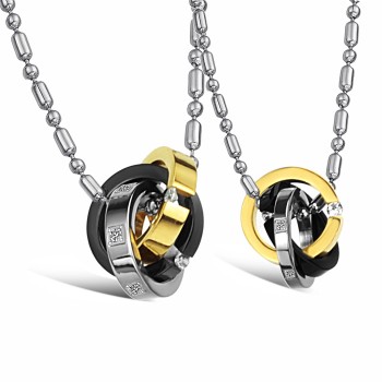 Titanium Three Colors Rings Lovers Pendants with Dimaonds and Free Chains C642