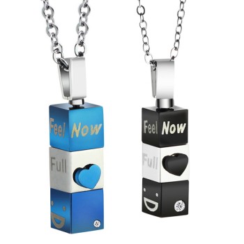 Titanium Cuboid and Sweetheart Lovers Pendants with Rhinestones and Free Chains C482