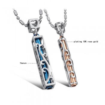 Titanium Blue and Rose Gold Hollow Lovers Pendants with Free Chains C609