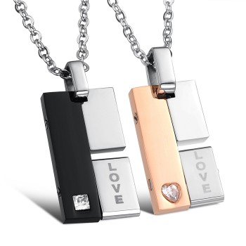 Titanium Black and Rose Gold Rotatable Lovers Pendants with Rhinestones and Free Chains C605